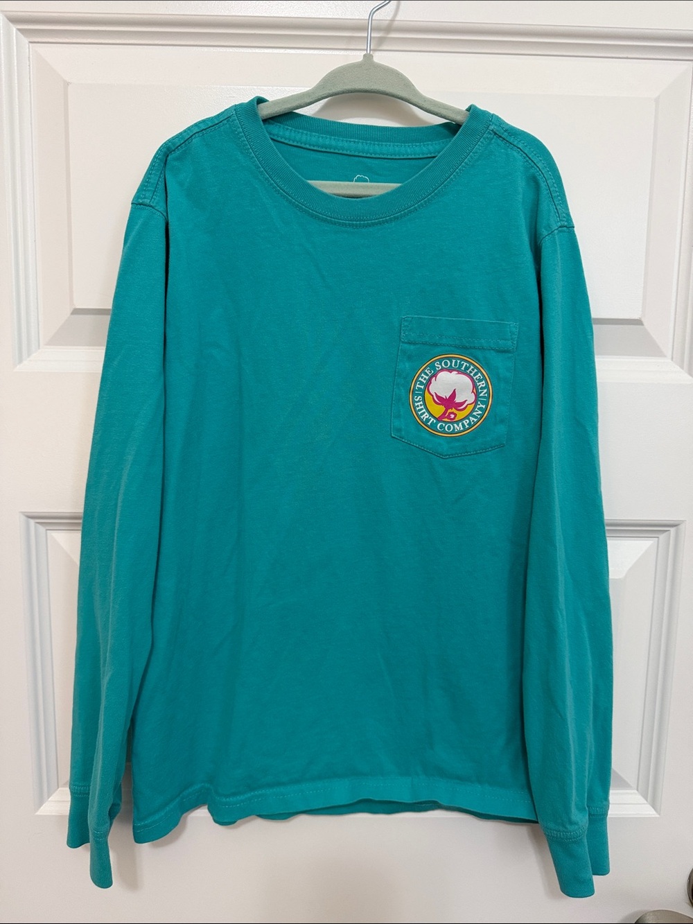 Girls Size YS Southern Shirt Company Teal Long-Sleeve Pocket Tee Holiday Winter